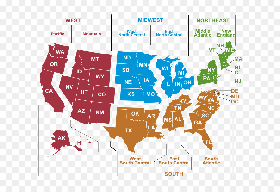 خريطة مناطق الولايات المتحدة الأمريكية，الدول PNG