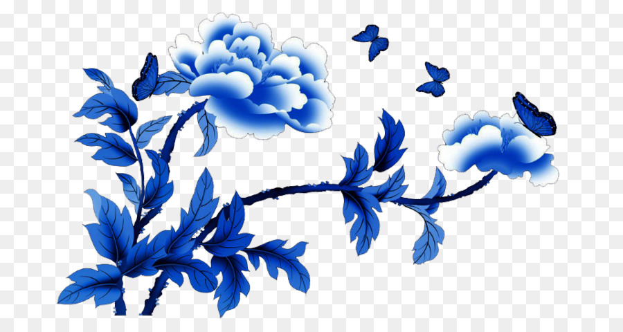 زهرة，الأزرق والأبيض الفخار PNG
