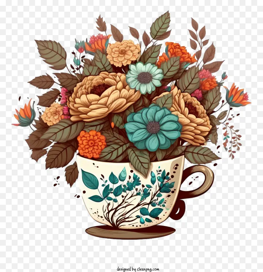 الكرتون فنجان القهوة，فنجان القهوة مع الزهور PNG