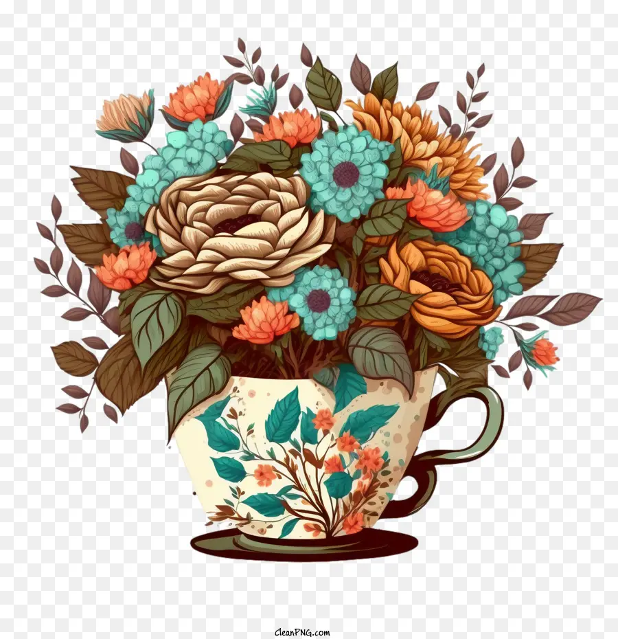 الكرتون فنجان القهوة，فنجان القهوة مع الزهور PNG