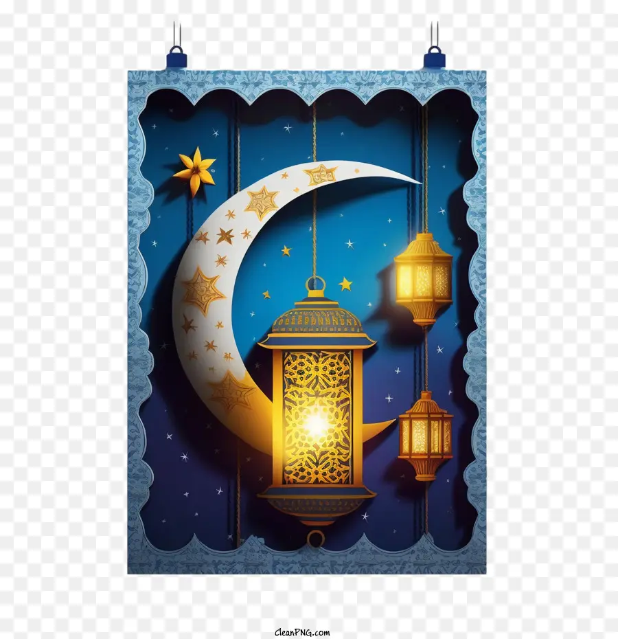 رمضان كريم，القمر والفوانيس PNG