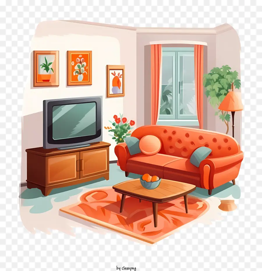 غرفة المعيشة，أريكة برتقالية PNG