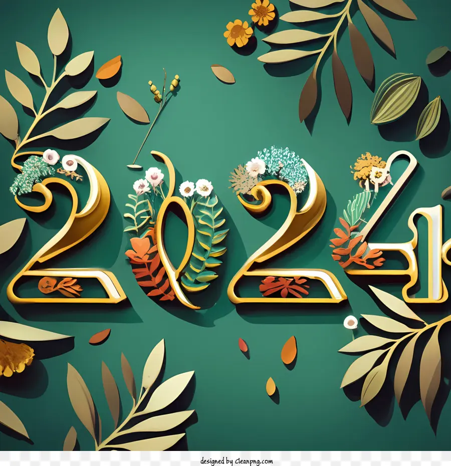 2024 سنة جديدة سعيدة，2024 مع تصميم الأزهار PNG