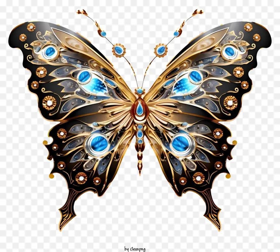الفراشة الذهب والأزرق，تفاصيل الفراشة المعقدة PNG
