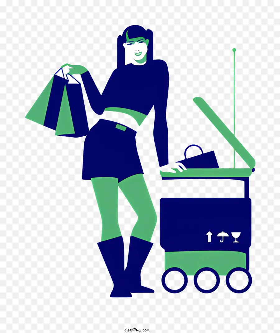 امرأة مع عربة التسوق，روبوت مع شاشة على الصدر PNG