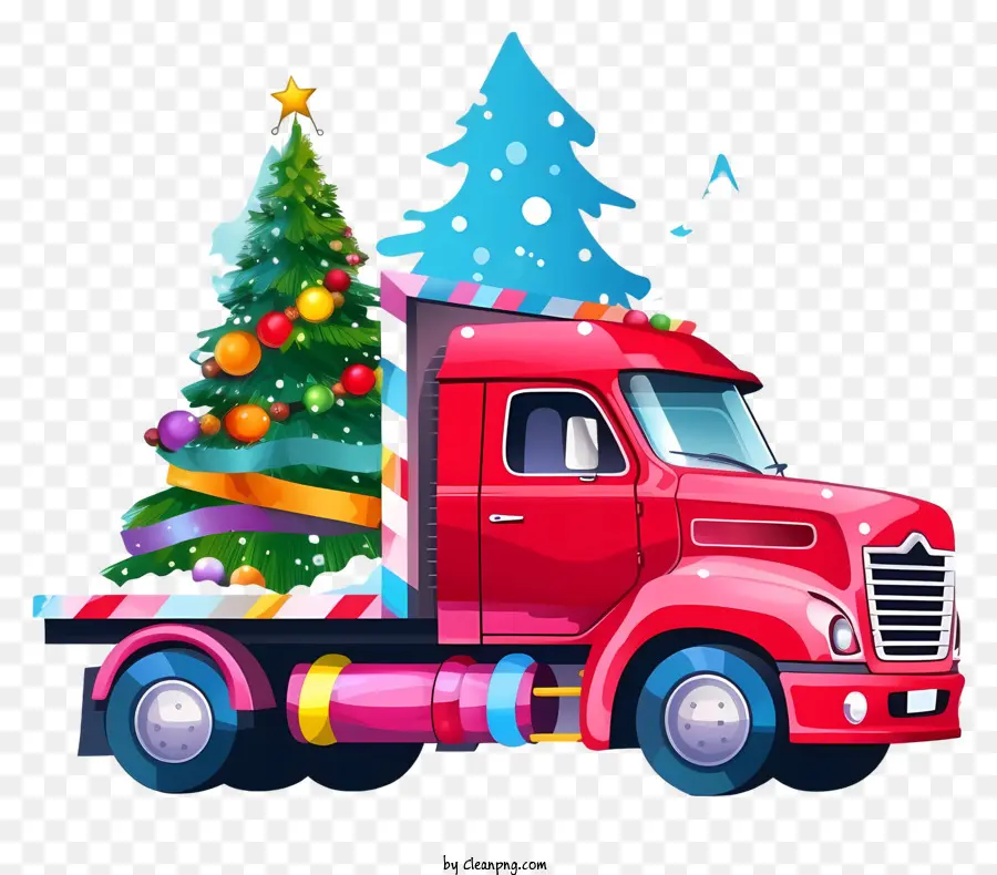 شاحنة حمراء，شجرة عيد الميلاد PNG