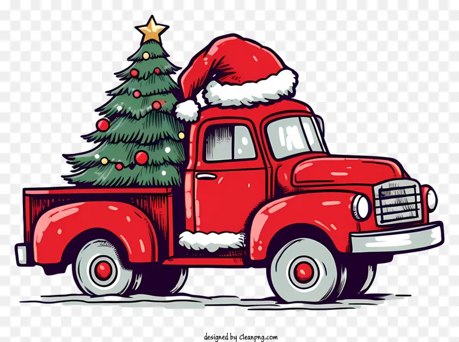 شاحنة بيك آب حمراء，شجرة عيد الميلاد PNG