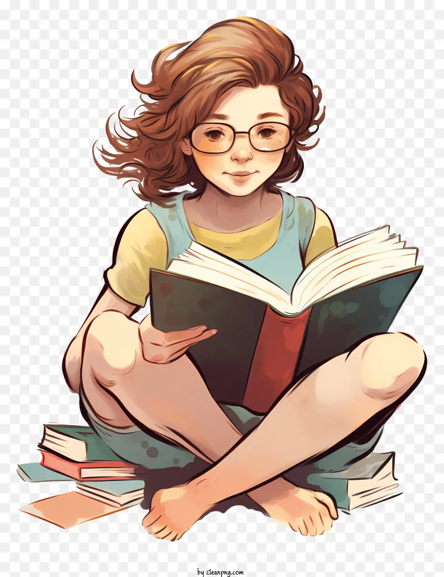 فتاة شابة القراءة，الكتاب المكدس PNG
