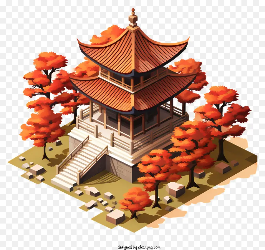 معبد خشبي，أوراق الخريف PNG