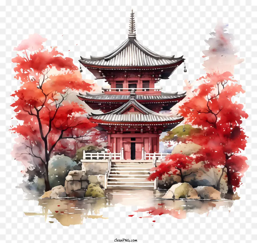 الرسم بالألوان المائية，معبد اليابانية PNG