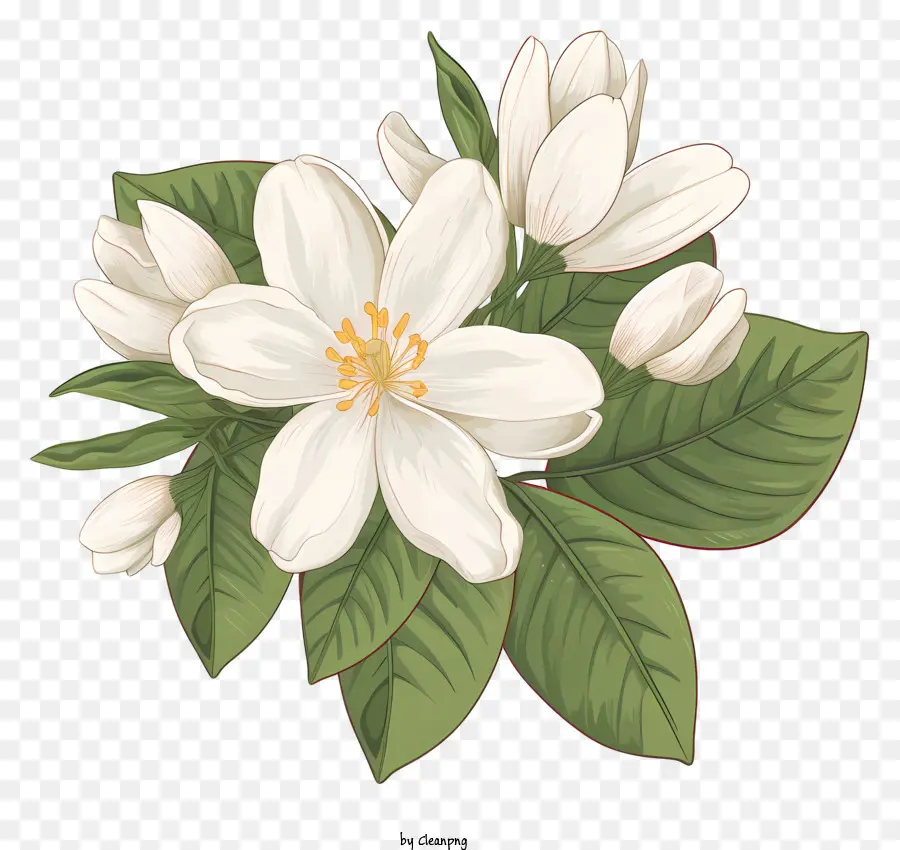 زهرة بيضاء，الأوراق الخضراء ، PNG