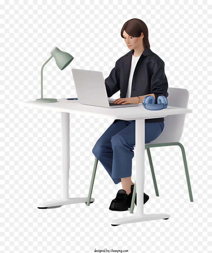 امرأة تعمل على الكمبيوتر المحمول，مكتب أبيض PNG