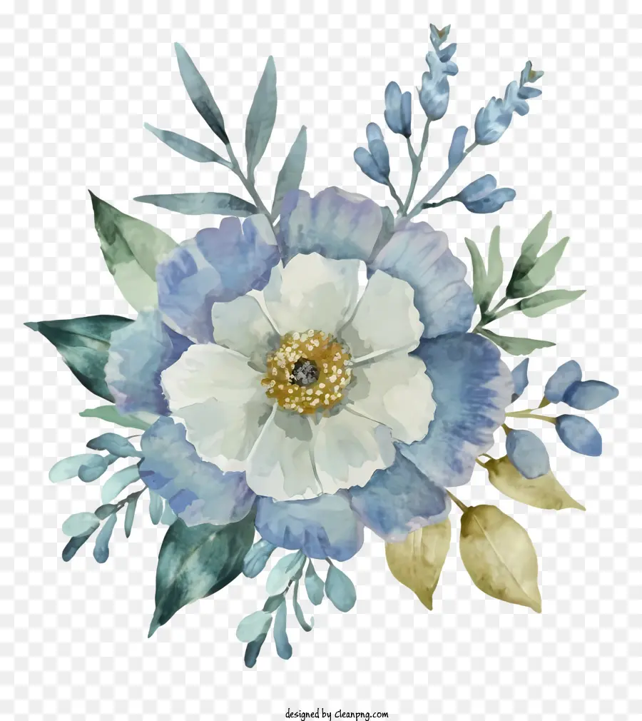 زهرة جميلة，أوراق زرقاء وخضراء PNG