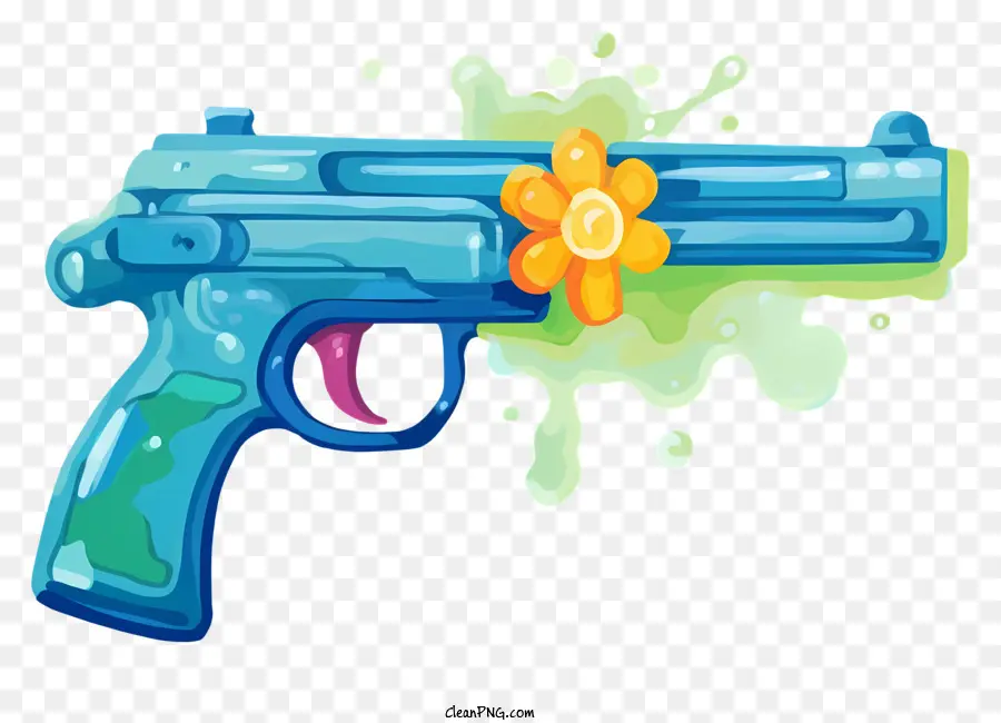 مسدس مع زهرة，بندقية ملونة PNG