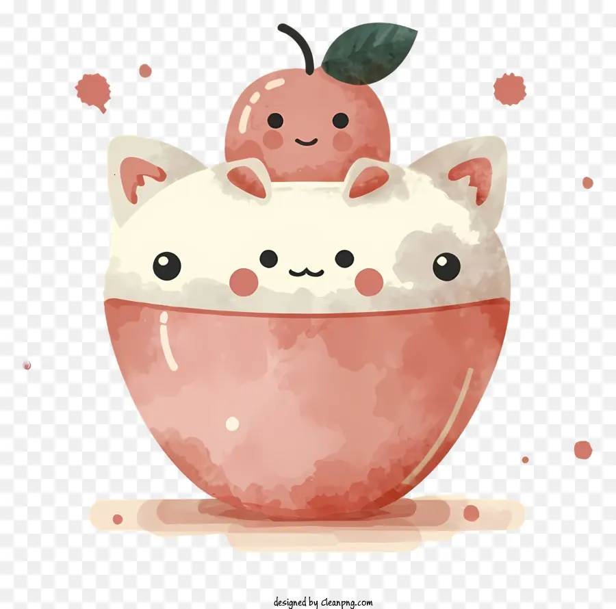 وعاء وردي من الآيس كريم，القط مع التفاح PNG