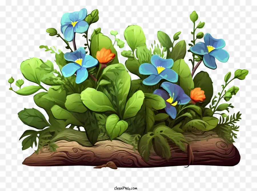النباتات الخضراء，الزهور الزرقاء والأرجواني PNG