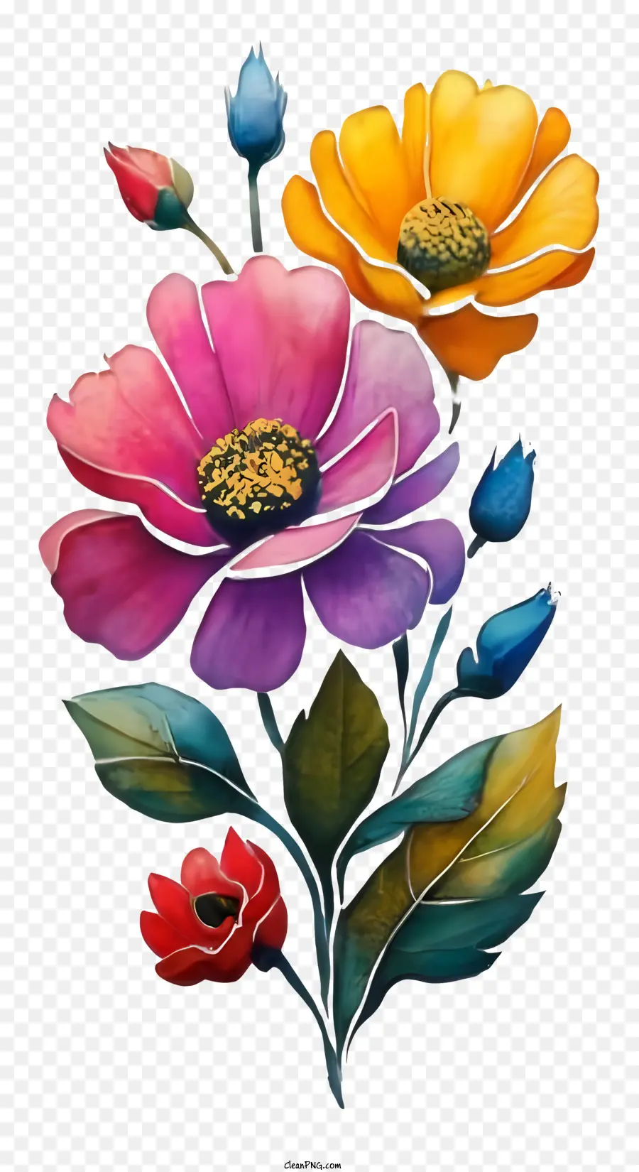 الزهور بالألوان المائية，باقة متعددة الألوان PNG