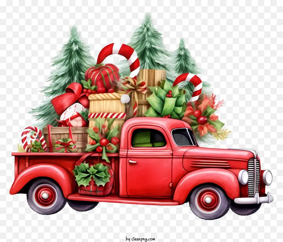 شاحنة حمراء خمر，هدايا عيد الميلاد PNG