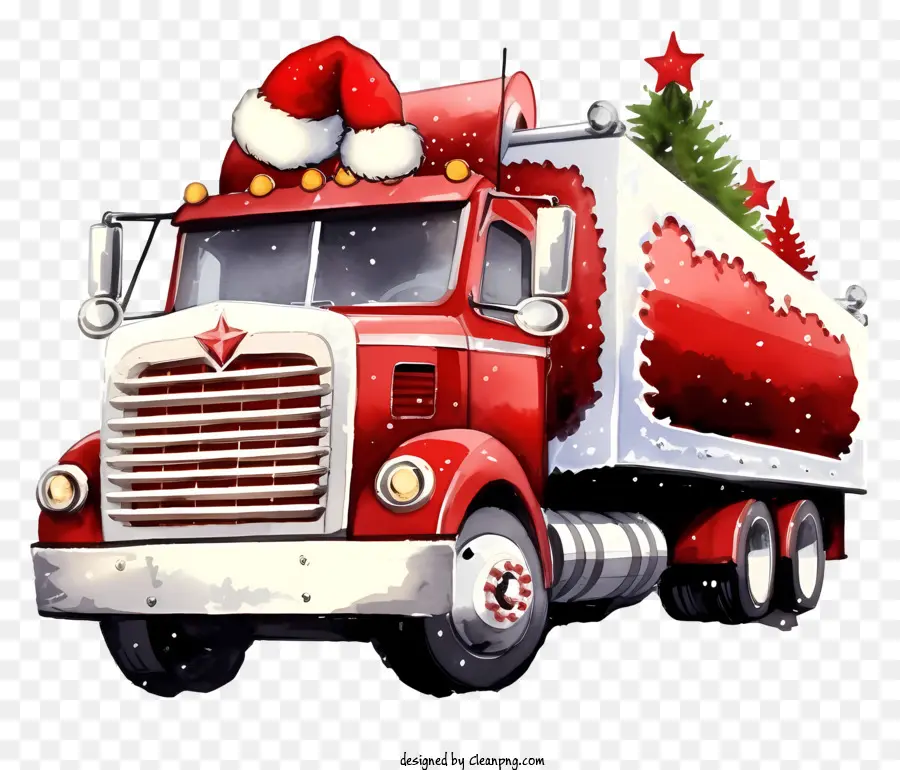 شاحنة حمراء，سانتا قبعة PNG