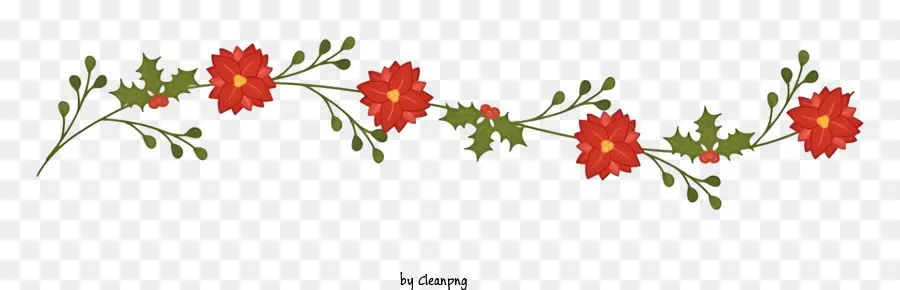 إكليل الزهور بالأبيض والأسود，الزهور الحمراء بأوراق خضراء PNG
