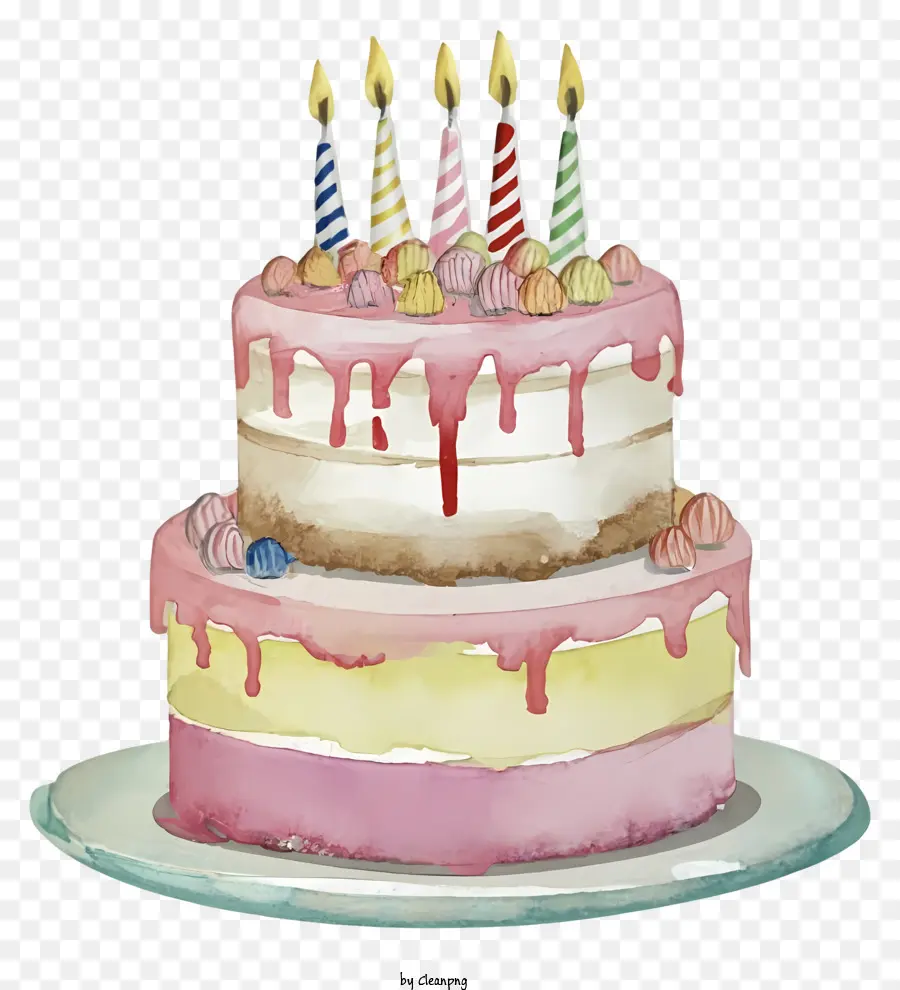 شموع عيد ميلاد مضاءة，كعكة عيد ميلاد الوردي PNG