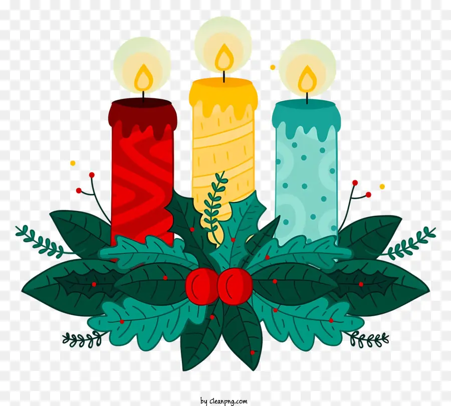 إكليل عيد الميلاد مع الشموع，شموع احتفالية مع التوت PNG