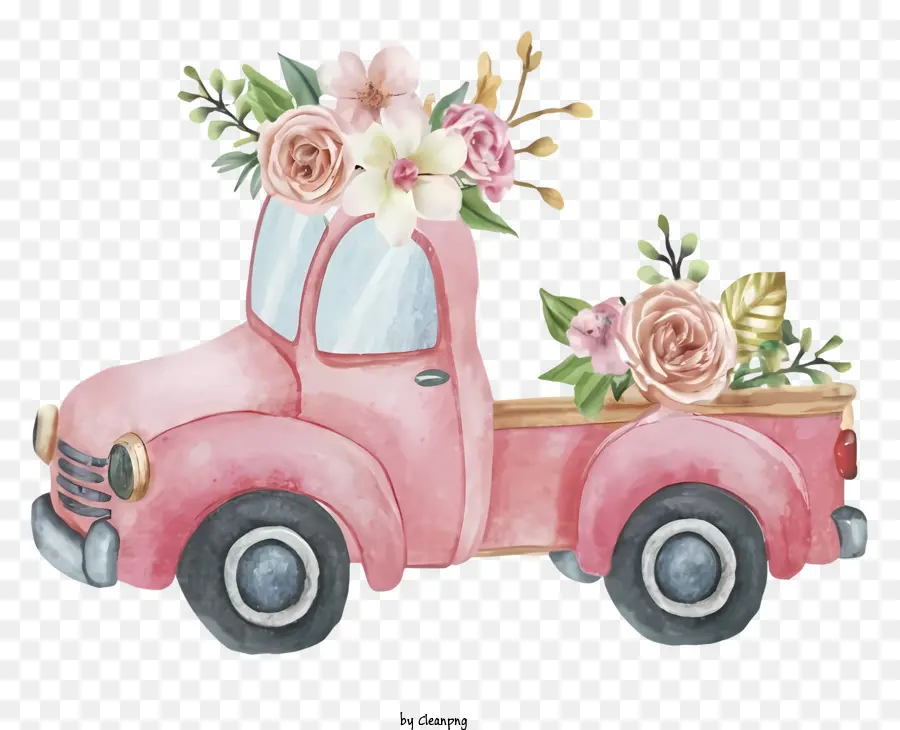 الشاحنة الوردية التقاط，الزهور في سرير الشاحنة PNG