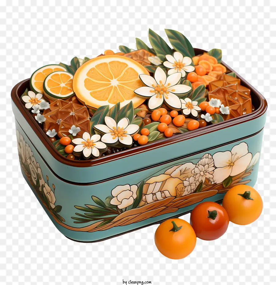 بينتو مربع，ترتيب البرتقال والزهور PNG