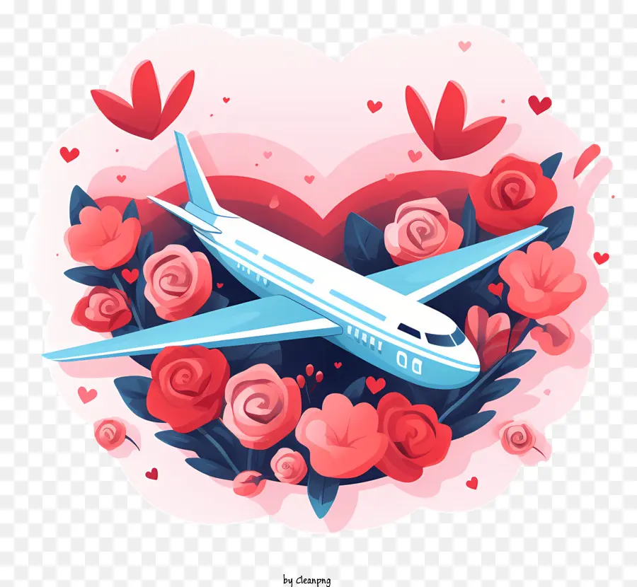 طائرة عيد الحب，الورود على شكل قلب PNG