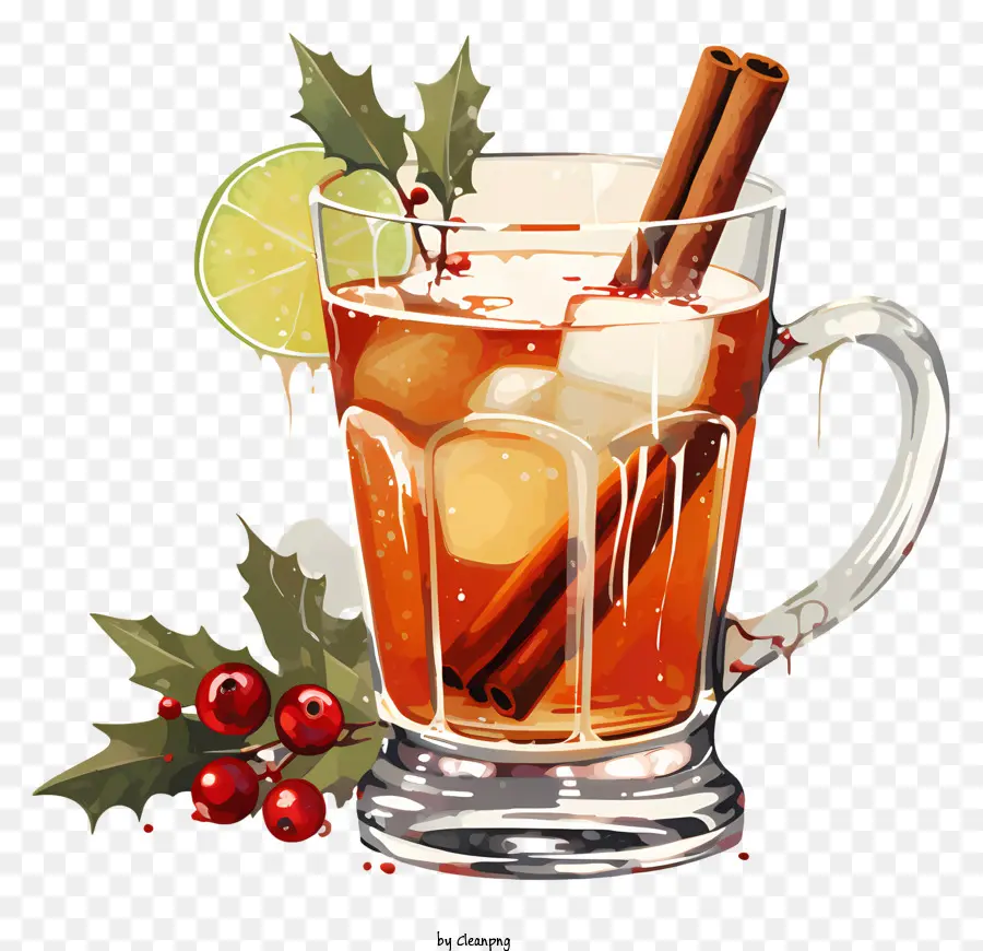 كوكتيل عيد الميلاد بالألوان المائية，القرفة متبل الشاي PNG