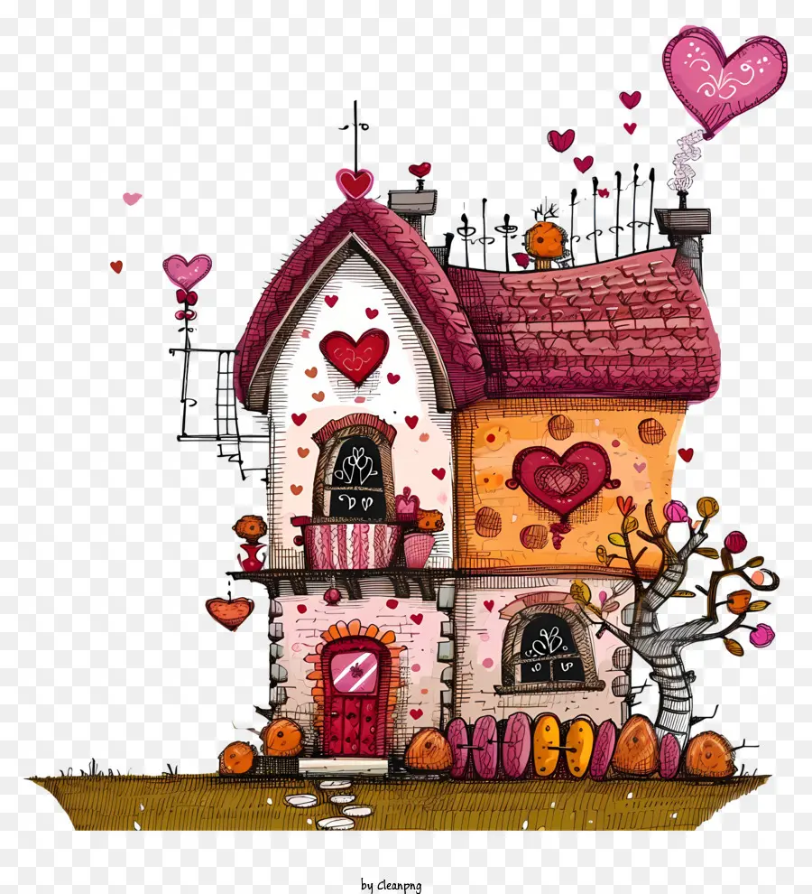 منزل عيد الحب，منزل مع شكل قلب PNG