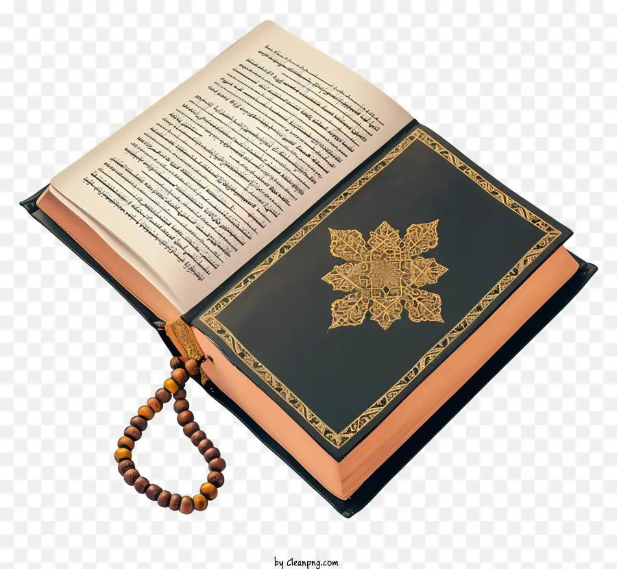 كتاب القرآن المقدس المسطح وصلاة الخرز，كتاب أسود وذهبي PNG