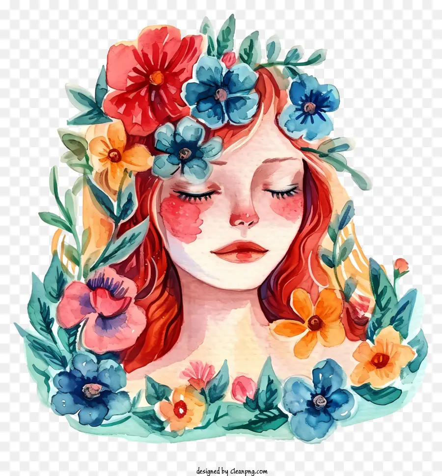 المرأة المائية والزهور，فتاة ذات شعر أحمر طويل PNG