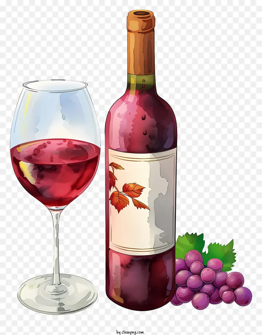 زجاجة على طراز الألوان المائية مع النبيذ الأحمر والزجاج，النبيذ PNG