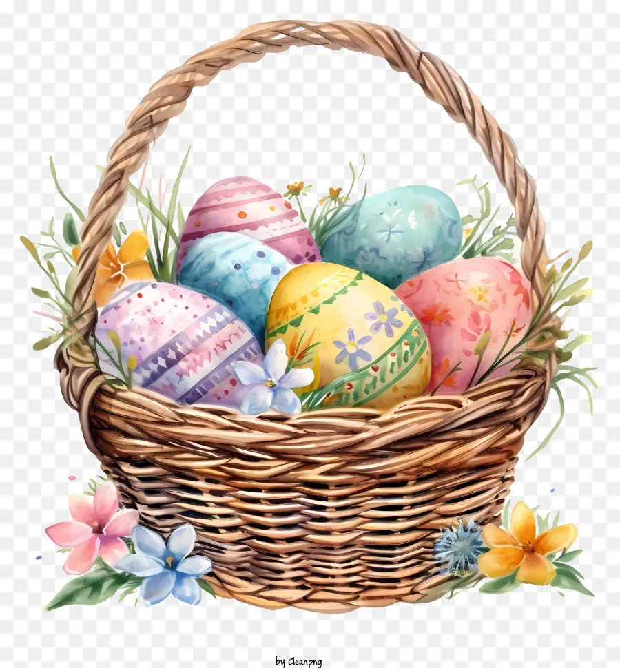 سلة بيض عيد الفصح بالألوان المائية，رسمت البيض PNG