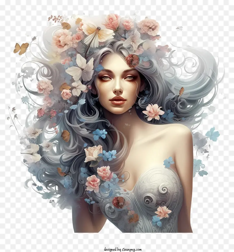 امرأة خيالية مع الزهور，امرأة ذات شعر رمادي طويل PNG