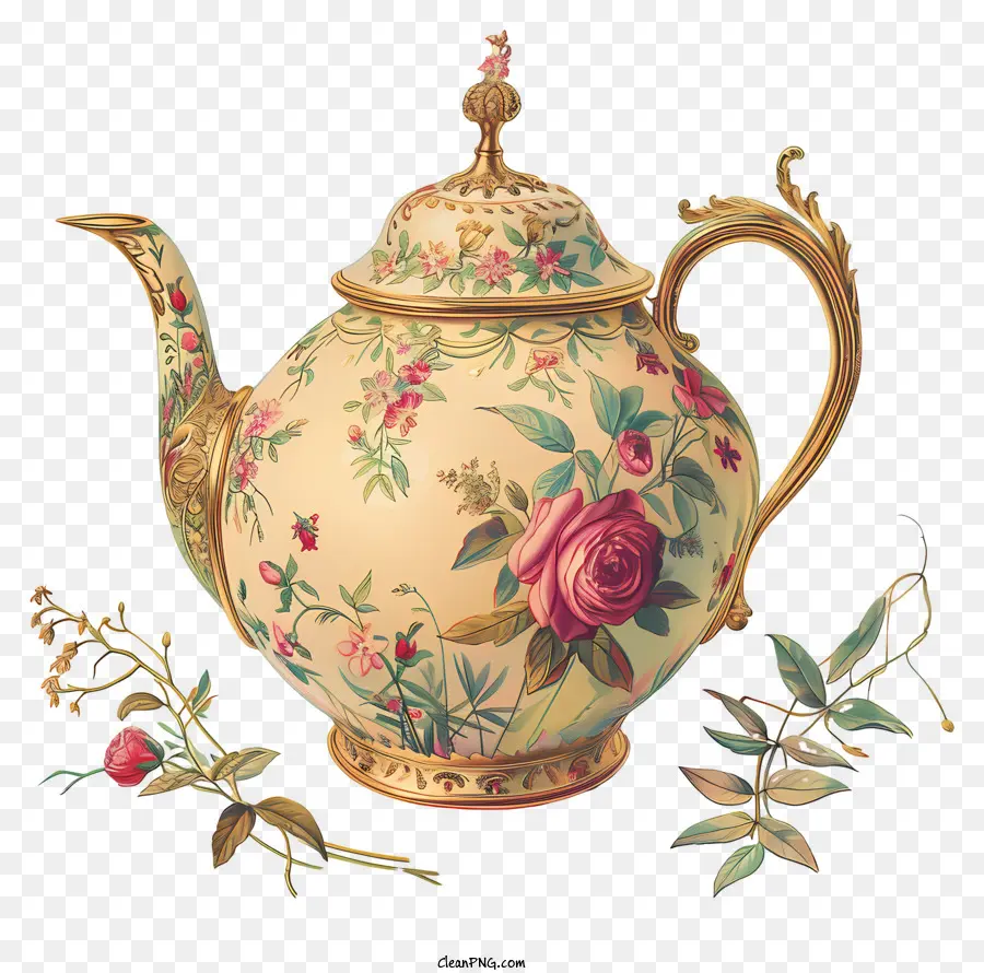 إبريق الشاي，إبريق الشاي مع نمط الأزهار PNG