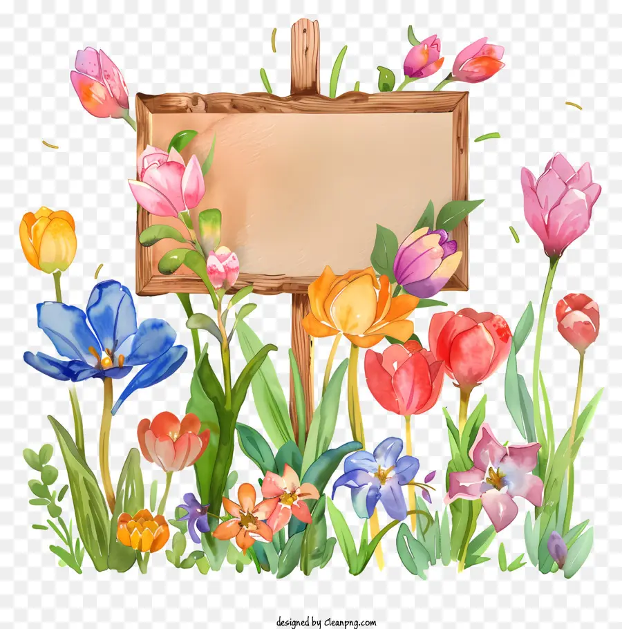 لوحة علامة زهور الربيع，لافتة خشبية PNG