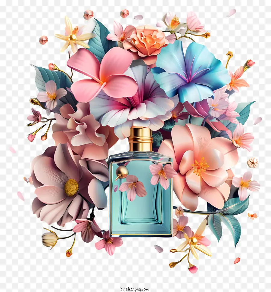 يوم العطر，زجاجة عطر بها زهور ملونة PNG