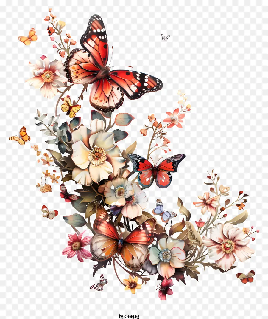 الفراشات，باقة الأزهار PNG