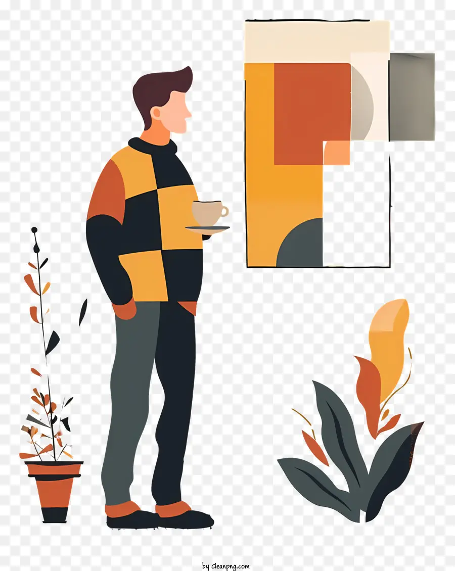 رجل يقف مع القهوة，النباتات الداخلية PNG