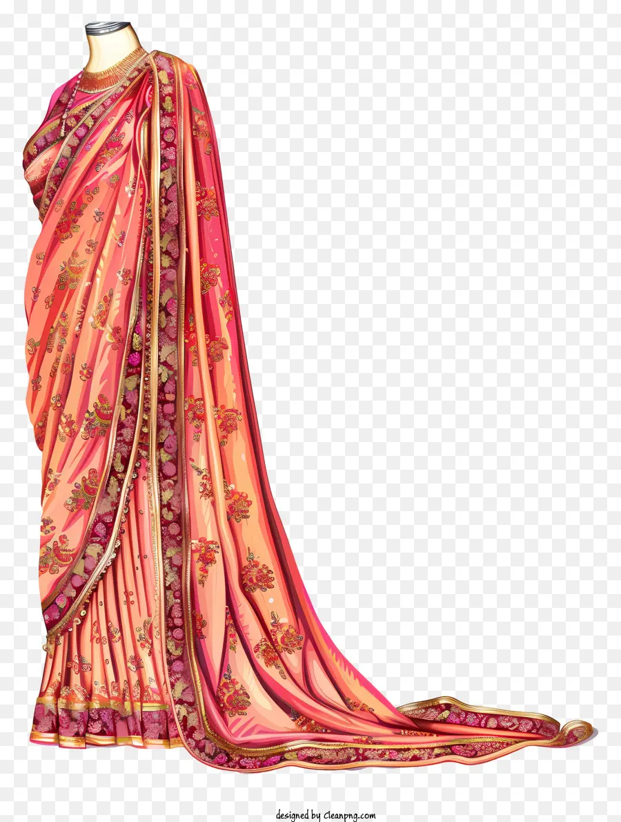 ساري الزفاف الهندي，الساري الوردي والذهبي PNG