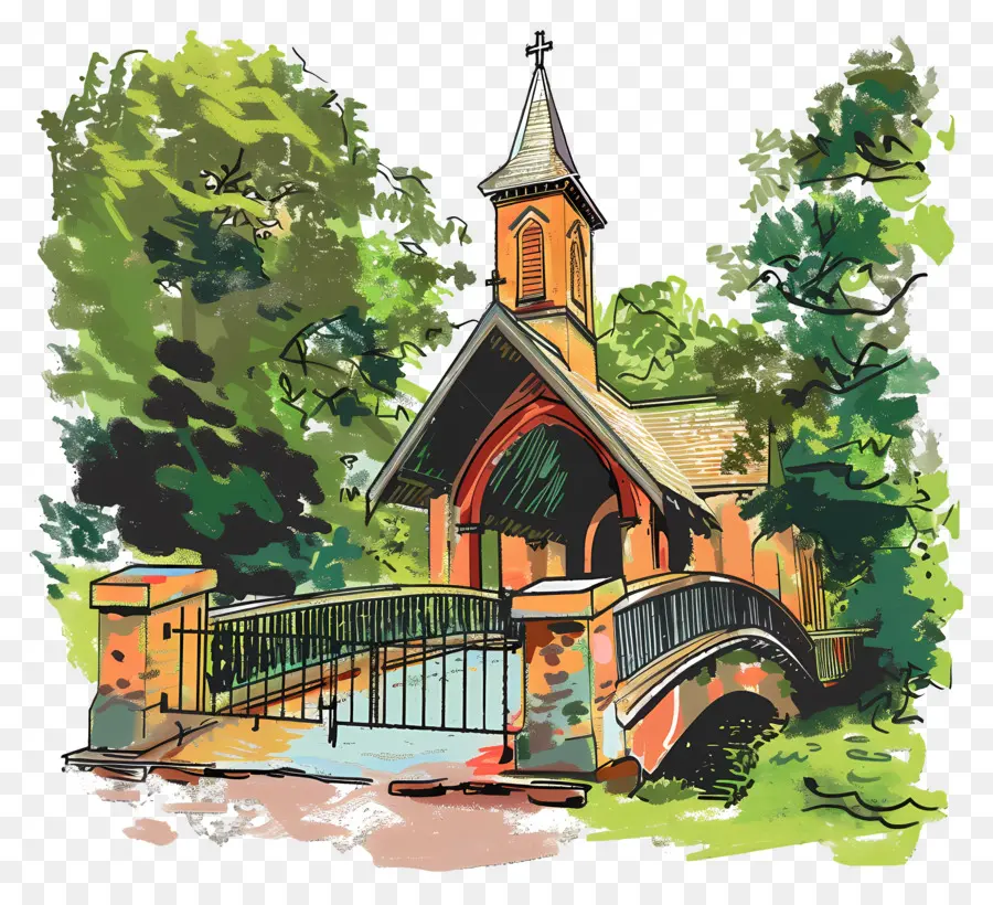 جسر الكنيسة，الرسم بالألوان المائية PNG