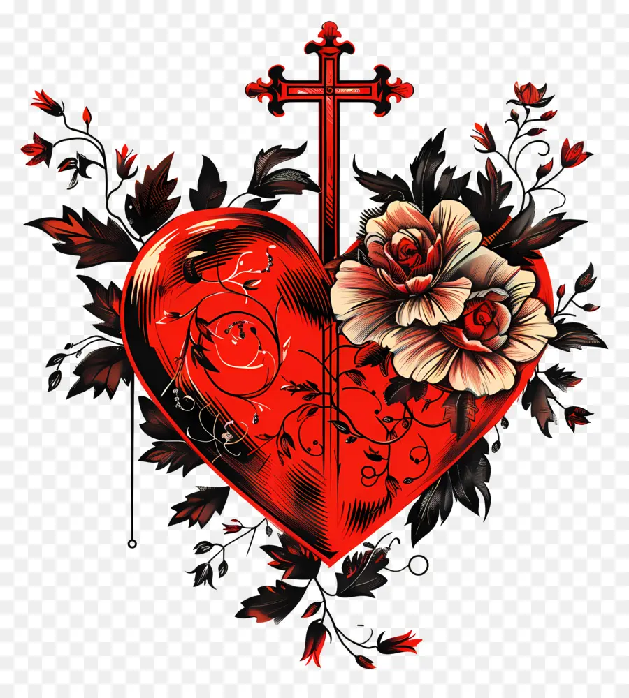 الصليب，قلب أحمر PNG