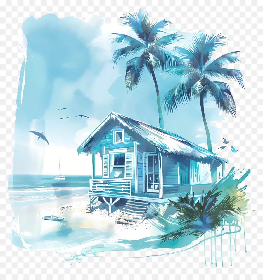 منزل على الشاطئ，الرسم بالألوان المائية PNG