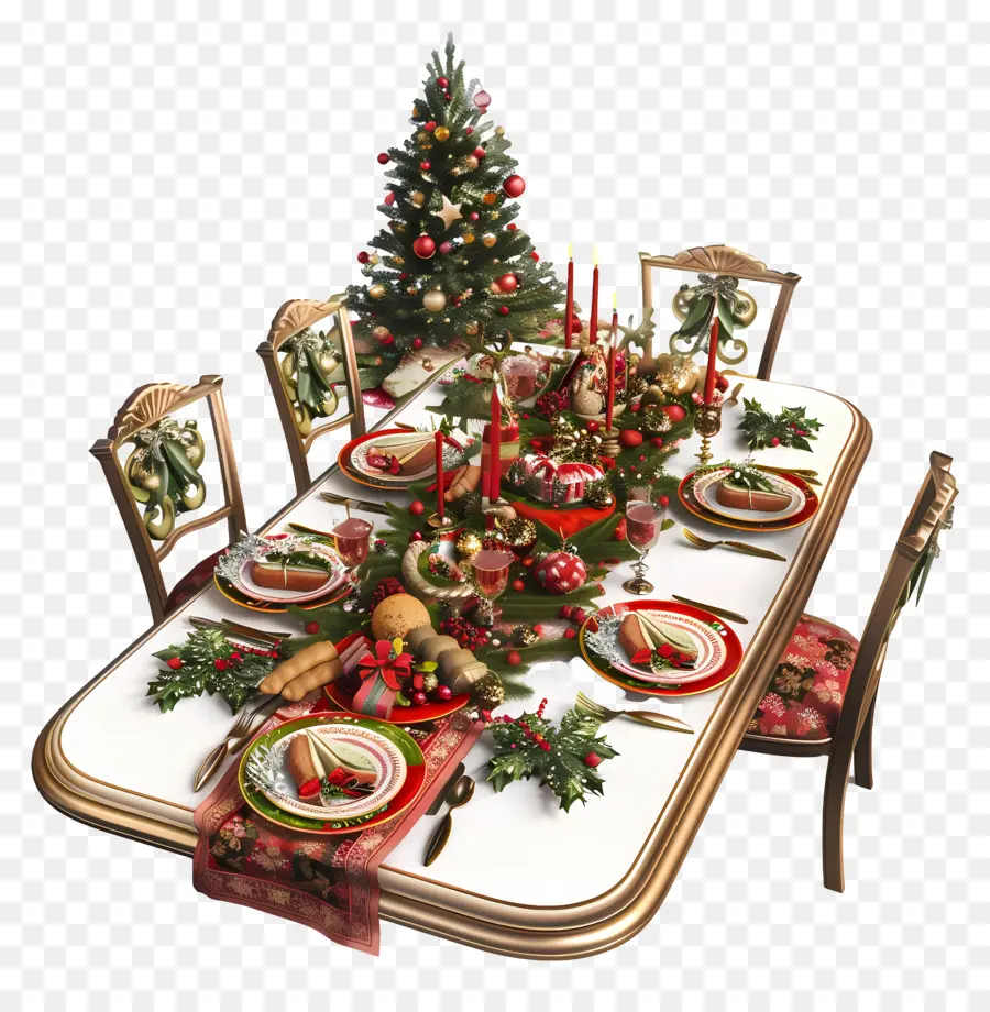 طاولة عشاء عيد الميلاد，مفرش المائدة الأحمر والأبيض PNG