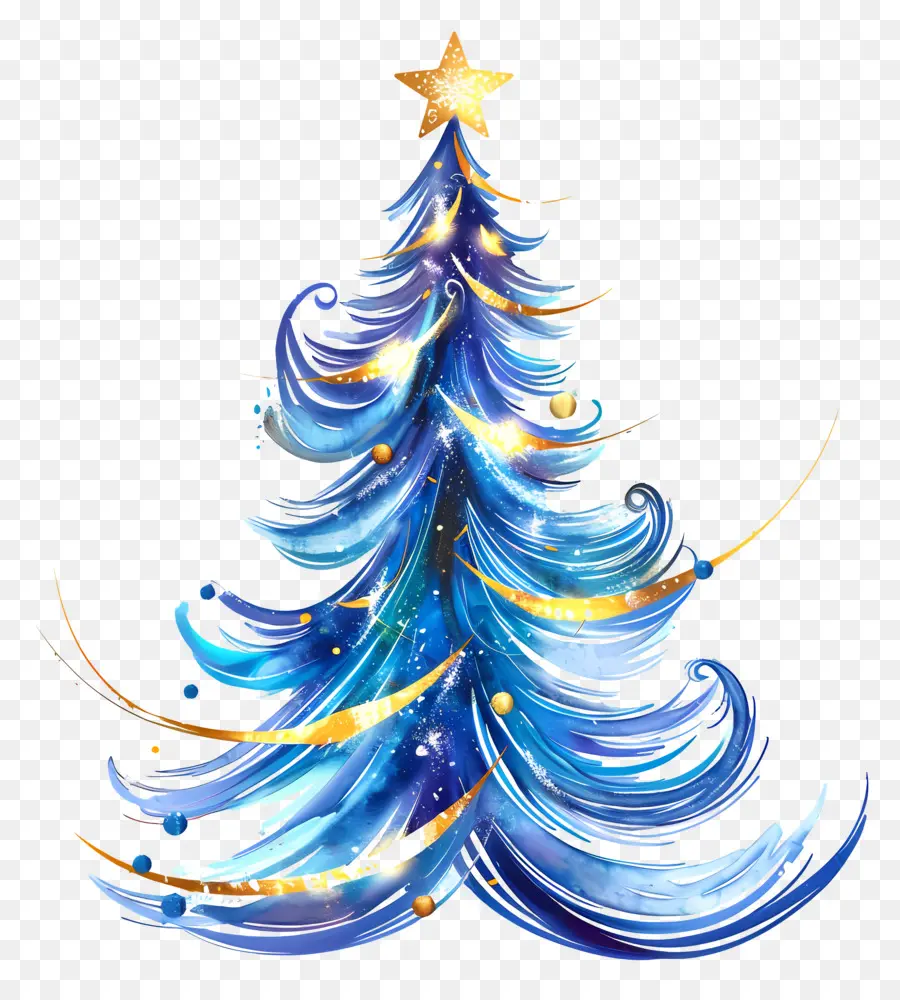 شجرة عيد الميلاد，اللون الأزرق والذهب المائي PNG