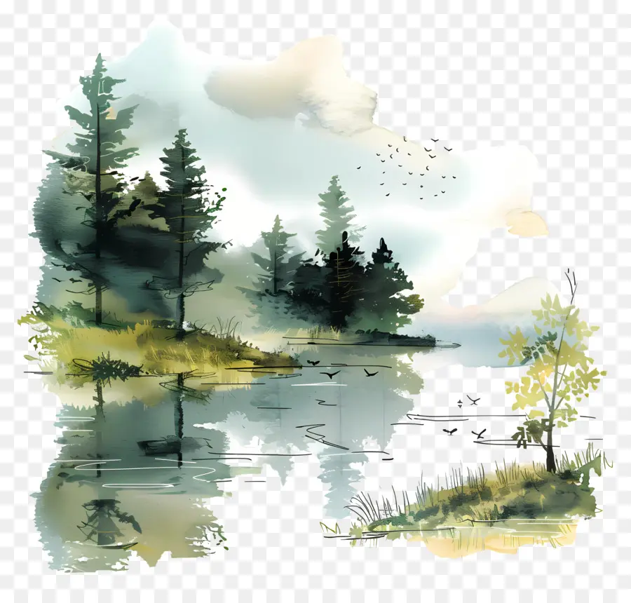 بحيرة，الرسم بالألوان المائية PNG
