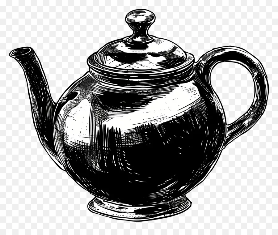 إبريق الشاي，الرسم بالأبيض والأسود PNG