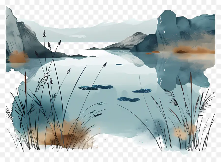 بحيرة，الرسم بالألوان المائية PNG